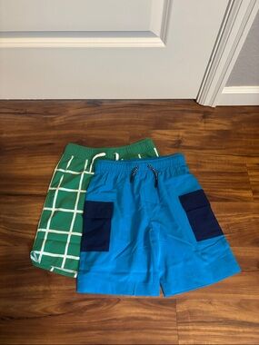 Hanna Andersson Blue Swim Shorts with Green Grid Swim Trunks